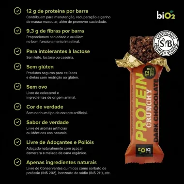 Barra de Prote&iacute;na Bio2 Crunchy Protein 12g de Prote&iacute;na Dark Chocolate Vegana 50g