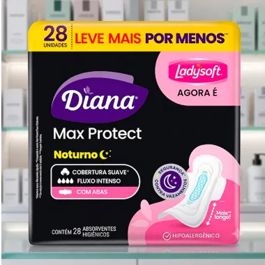 Absorvente Diana Max Protect Noturno Cobertura Suave com Abas 28 Unidades Leve Mais Por Menos