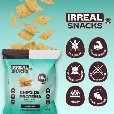 Chips de Prote&iacute;na Irreal Snacks Alho Por&oacute; 40g