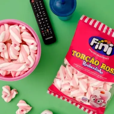 Marshmallows Fini Tor&ccedil;&atilde;o Rosa Recheadinho Sabor Baunilha com Recheio de Morango 80g