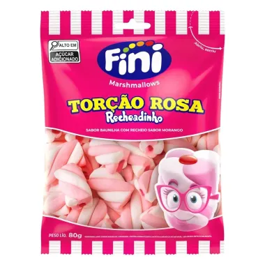 Marshmallows Fini Tor&ccedil;&atilde;o Rosa Recheadinho Sabor Baunilha com Recheio de Morango 80g