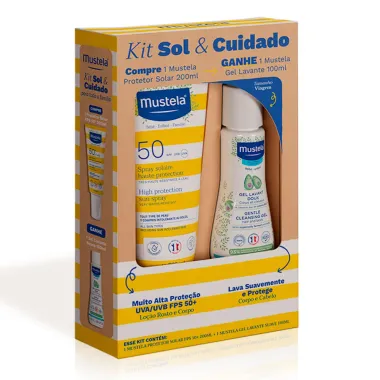 Kit Sol e Cuidado Mustela Protetor Solar FPS 50+ 200ml e Ganhe 1 Gel Lavante Suave Corpo e Cabelo 100ml