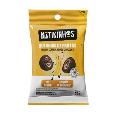 Bolinhas de Frutas Natikinhos Banana com Recheio de Chocolate Sem Gl&uacute;ten e A&ccedil;&uacute;car 30g