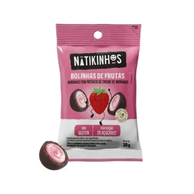 Bolinhas de Frutas Natikinhos Morango com Recheio de Creme de Morango Sem gl&uacute;ten e A&ccedil;&uacute;car 30g