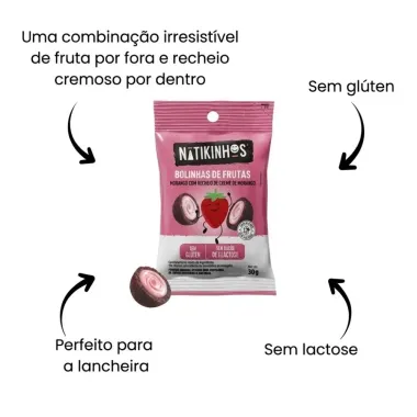Bolinhas de Frutas Natikinhos Morango com Recheio de Creme de Morango Sem gl&uacute;ten e A&ccedil;&uacute;car 30g