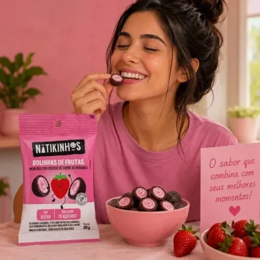 Bolinhas de Frutas Natikinhos Morango com Recheio de Creme de Morango Sem gl&uacute;ten e A&ccedil;&uacute;car 30g