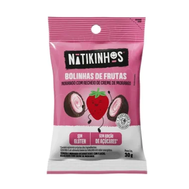 Bolinhas de Frutas Natikinhos Morango com Recheio de Creme de Morango Sem gl&uacute;ten e A&ccedil;&uacute;car 30g