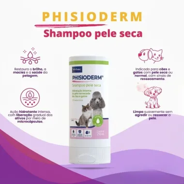 Shampoo Veterin&aacute;rio Virbac Phisioderm para C&atilde;es e Gatos Pele Seca com 250ml