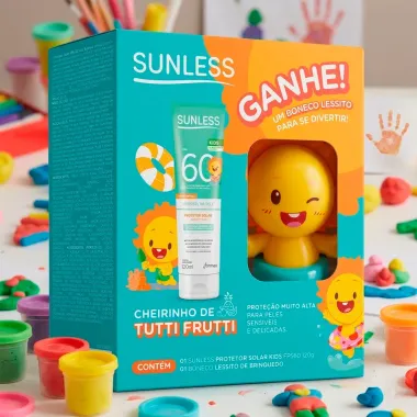 Protetor Solar Sunless Kids FPS 70 Cheirinho de Uva 120g e Protetor Solar FPS 70 Toque Seco 90g com 70% OFF