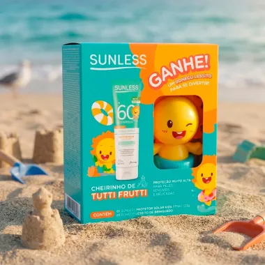 Protetor Solar Sunless Kids FPS 70 Cheirinho de Uva 120g e Protetor Solar FPS 70 Toque Seco 90g com 70% OFF