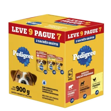Ra&ccedil;&atilde;o &Uacute;mida para Cachorro Pedigree Adulto Ra&ccedil;as Pequenas Carne ao Molho Cordeiro ao Molho e Frango ao Molho 9 Sach&ecirc;s de 100g cada