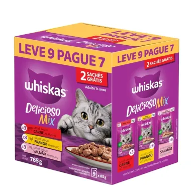Ra&ccedil;&atilde;o &Uacute;mida para Gatos Whiskas Mix Adulto Carne ao Molho 3 Sach&ecirc;s, Frango ao Molho 3 Saches e Salm&atilde;o ao Molho 3 Sach&ecirc;s de 85g