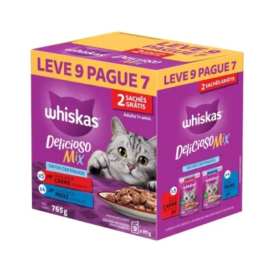 Ra&ccedil;&atilde;o &Uacute;mida para Gatos Whiskas Delicioso Mix Adulto Sabor Carne ao Molho 5 Sach&ecirc;s e Peixe ao Molho 4 Sach&ecirc;s de 85g cada