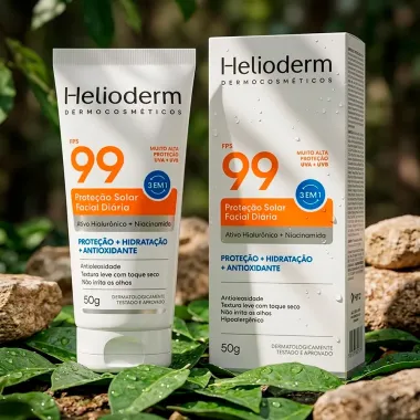 Protetor Solar Facial Di&aacute;ria Helioderm FPS 99 3 em 1 com Ativo Hialur&ocirc;nico e Niacinamida 50g