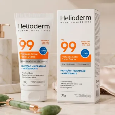 Protetor Solar Facial Di&aacute;ria Helioderm FPS 99 3 em 1 com Ativo Hialur&ocirc;nico e Niacinamida 50g