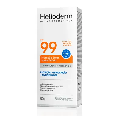 Protetor Solar Facial Di&aacute;ria Helioderm FPS 99 3 em 1 com Ativo Hialur&ocirc;nico e Niacinamida 50g