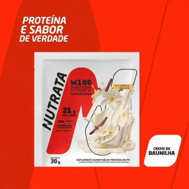 Whey Prote&iacute;n Concentrado Nutrata W100 Sabor Creme de Baunilha com 21g de Prote&iacute;na Sach&ecirc; 30g