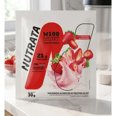 Whey Prote&iacute;n Concentrado Nutrata W100 Sabor Milkshake de Morango com 21g de Prote&iacute;na Sach&ecirc; 30g