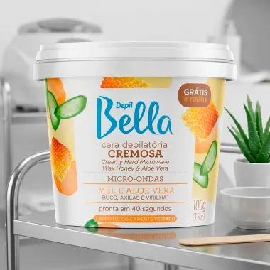 Cera Depilat&oacute;ria Cremosa Depil Bella para Micro ondas Mel e Aloe Vera Bu&ccedil;o Axilas e Virilha 100g Ganhe 1 Esp&aacute;tula