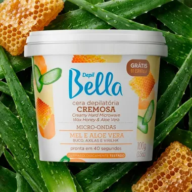 Cera Depilat&oacute;ria Cremosa Depil Bella para Micro ondas Mel e Aloe Vera Bu&ccedil;o Axilas e Virilha 100g Ganhe 1 Esp&aacute;tula
