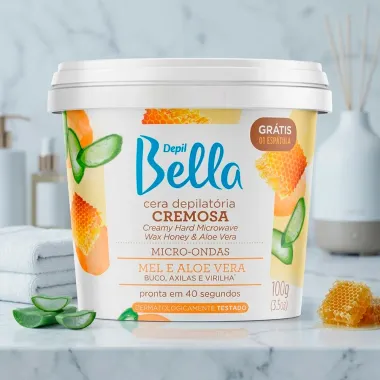 Cera Depilat&oacute;ria Cremosa Depil Bella para Micro ondas Mel e Aloe Vera Bu&ccedil;o Axilas e Virilha 100g Ganhe 1 Esp&aacute;tula