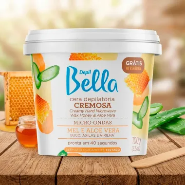Cera Depilat&oacute;ria Cremosa Depil Bella para Micro ondas Mel e Aloe Vera Bu&ccedil;o Axilas e Virilha 100g Ganhe 1 Esp&aacute;tula
