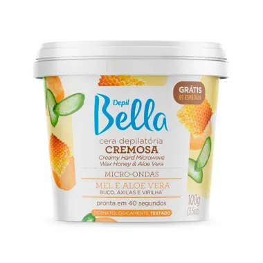 Cera Depilat&oacute;ria Cremosa Depil Bella para Micro ondas Mel e Aloe Vera Bu&ccedil;o Axilas e Virilha 100g Ganhe 1 Esp&aacute;tula