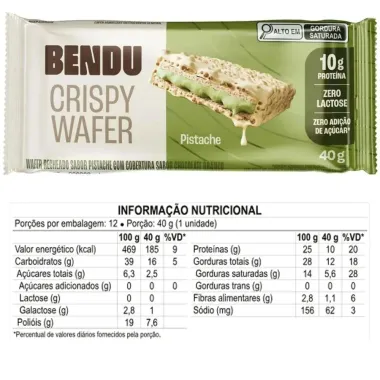 Barra Protein Bendu Crispy Wafer 10g de Prote&iacute;na Pistache Zero 40g