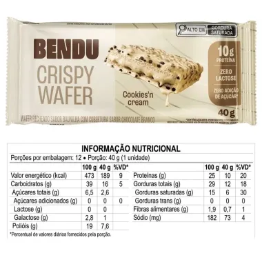 Barra Protein Bendu Crispy Wafer 10g de Prote&iacute;na Cookies'n Cream Zero 40g
