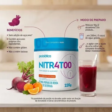Nitr4t00 Probi&oacute;tica em P&oacute; Sabor Beterraba com Laranja Sem Adi&ccedil;&atilde;o de A&ccedil;&uacute;cares 220g
