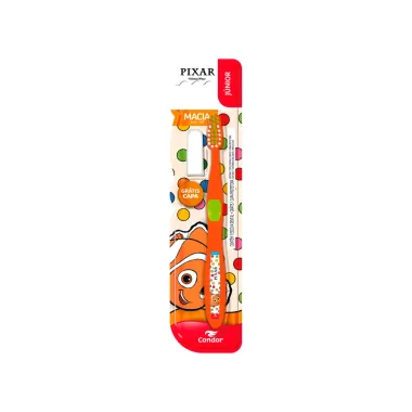 Escova Dental Infantil Condor J&uacute;nior Pixar Macia Suave Cores e Personagens Sortidos com 1 Unidade e Ganhe Capa Protetor