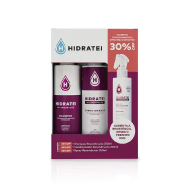 Kit Hidratei Reconstru&ccedil;&atilde;o Shampoo Reconstru&ccedil;&atilde;o 250ml e Condicionador Reconstru&ccedil;&atilde;o 200ml e Spray Reconstrutor 250ml 30% Off