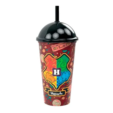 Copo Mi&oacute; Harry Potter Hogwarts Shake com Tampa e Canudo 500ml