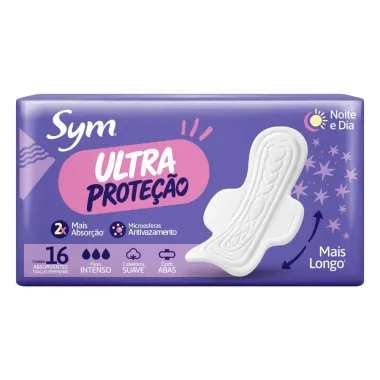 Absorvente Sym Ultra Prote&ccedil;&atilde;o Noite e Dia Fluxo Intenso Cobertura Suave com Abas com 16 Unidades