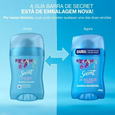 Desodorante Antitranspirante em Barra Secret Lavanda com pH Balanceado 45g
