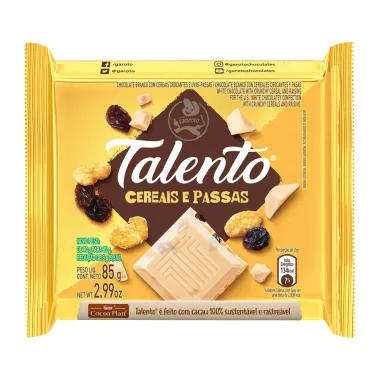 Chocolate Garoto Talento Branco com Cereais e Passas 85g