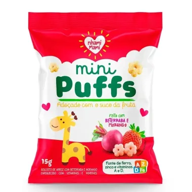 Biscoito Nhami Mami Mini Puffs Snack Beterraba e Morango 15g