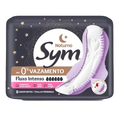 Absorvente Sym Noturno Cobertura Extra Suave Fluxo Intenso com Abas 8 Unidades