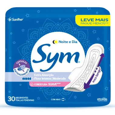 Absorvente Sym Noite e Dia Suave com Abas 30 Unidades Leve Mais Por Menos