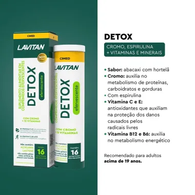 Lavitan Detox Efervescente Sabor Abacaxi com Hortelã 16 Comprimidos Efervescentes