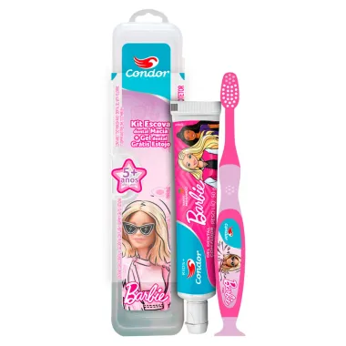 Kit Escova e Gel Dental Condor Kids Barbie Sabor Morango 5+ Anos com Flúor 50g e Ganhe Estojo
