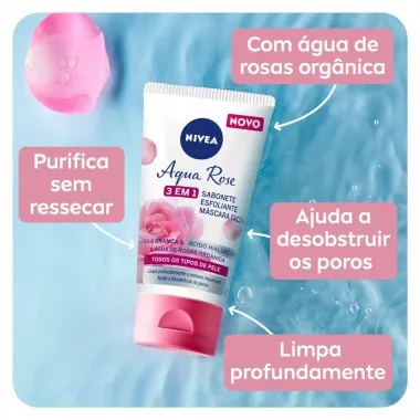 Sabonete, Esfoliante e M&aacute;scara Facial Nivea Aqua Rose 3 em 1 150ml