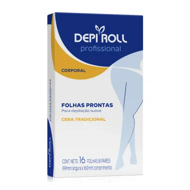 Depilador DepiRoll Tradicional Cera Fria para Virilha e Pernas Folhas Prontas com 16 Unidades (8 Pares) + 1 Sachê de Lenço Umedecido com Removedor Óleo Pós Depilatório