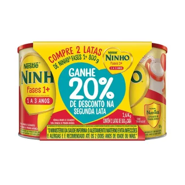 Ninho Fases 1+ Fórmula Infantil 2 Latas 800g cada + 20% Desconto na Segunda Lata