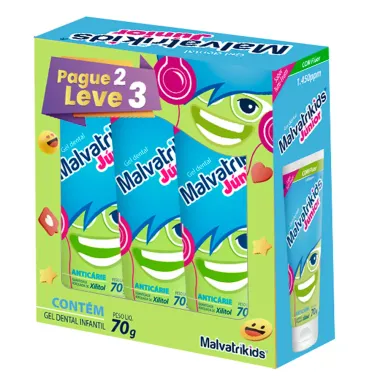 Kit Gel Dental Malvatrikids Júnior com Flúor + Xilitol 3 Unidades de 70g cada