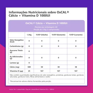OS-CAL C&aacute;lcio 500mg + Vitamina D 1000UI com 60 Comprimidos Revestidos