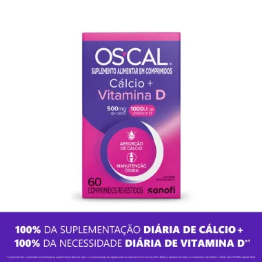 OS-CAL C&aacute;lcio 500mg + Vitamina D 1000UI com 60 Comprimidos Revestidos