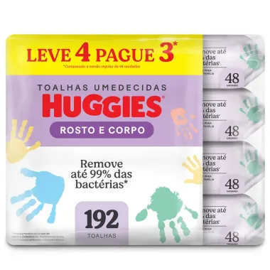 Len&ccedil;os Umedecidos Huggies Rosto e Corpo Limpeza 4 x 48 Unidades