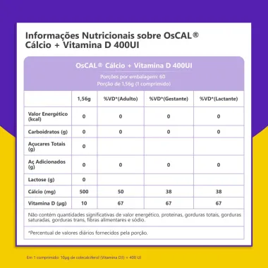 OS-CAL C&aacute;lcio 500mg + Vitamina D 400UI com 60 Comprimidos Revestidos