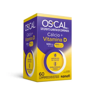 OS-CAL C&aacute;lcio 500mg + Vitamina D 400UI com 60 Comprimidos Revestidos